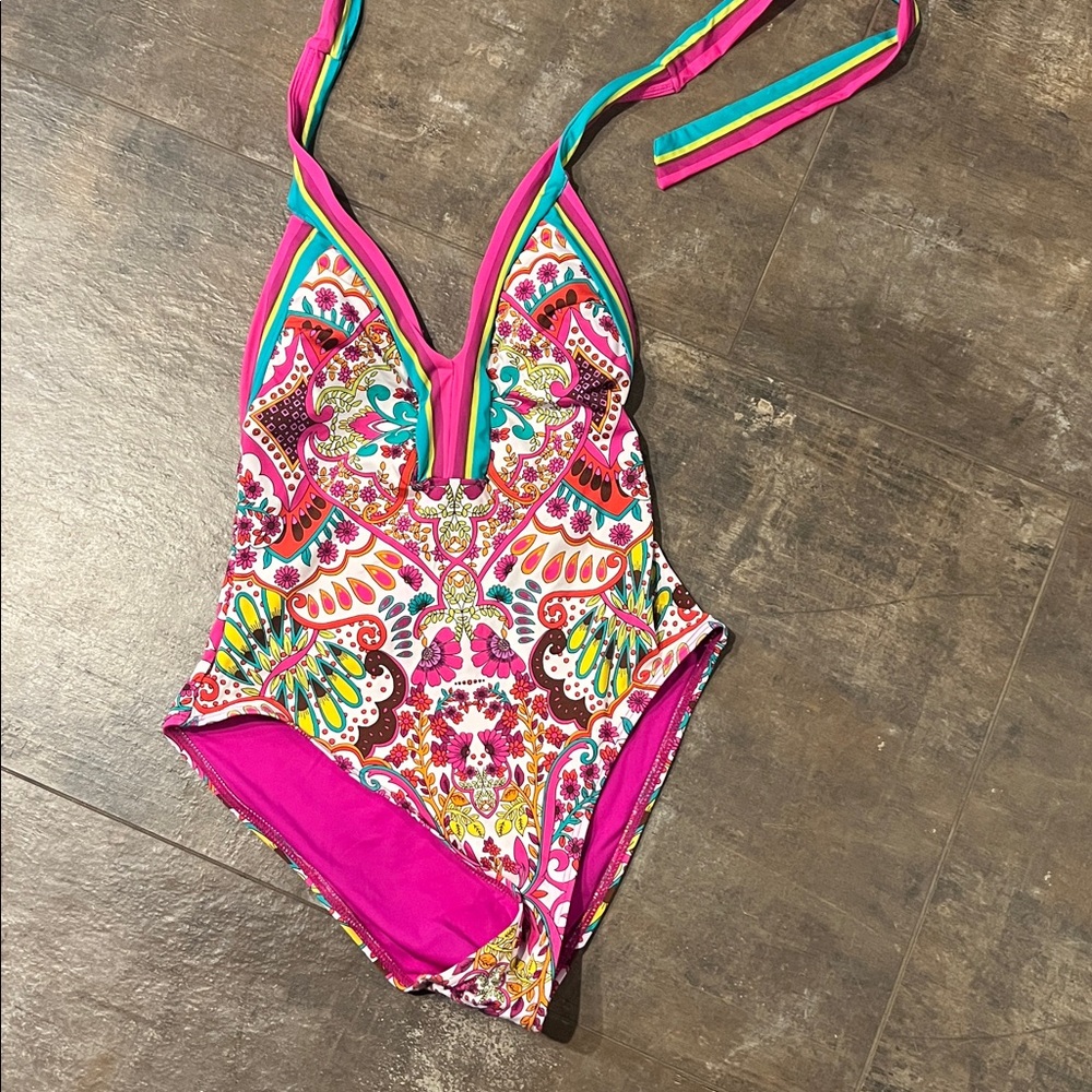 Trina Turk Hawaiian Garden Border Halter Plunge One-Piece Swimsuit – Size 6 - Picture 4 of 6